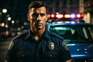 ai generativ Porträt von gut aussehend Polizei Offizier, Polizei Auto im Hintergrund foto