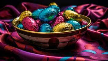 Nahansicht von ein Schüssel mit farbig Schokolade Eier. ai generiert foto