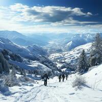 Schnee bedeckt Berge im Winter mit Männer auf Ski. ai generiert foto