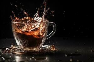 Kaffee Spritzen im Glas Tasse auf schwarz Schwarzgrund. ai generiert foto