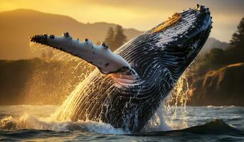 Wal Springen im Wasser beim Sonnenuntergang. ai generiert foto