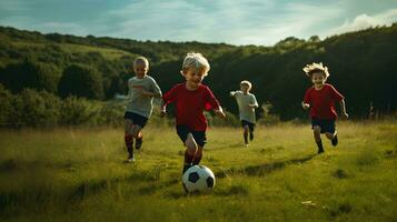 ein Junge war spielen Fußball im das Gras außen. glücklich.erstellt durch generativ ai foto