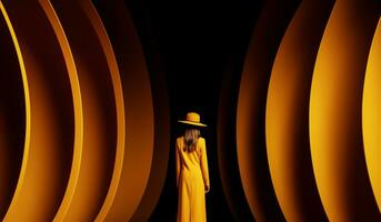 Mädchen im Gelb Kleid Nächster zu Gelb architektonisch Muster. ai generiert foto