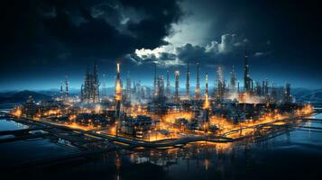 groß Öl Raffinerie industriell chemisch Pflanze oben Aussicht beim Nacht foto