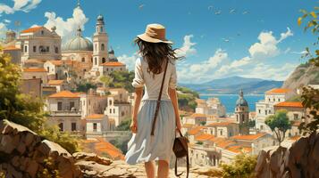 schön Frau steht im Vorderseite von ein Tourist Stadt im Sommer- auf ein sonnig Tag, Aussicht von das zurück foto