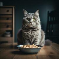 ein grau langhaarig Katze ist Sitzung, Dort ist ein Schüssel von Essen im Vorderseite von ihn. generativ ai foto