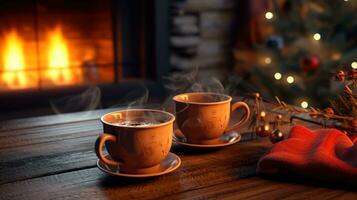 Weihnachten, zwei Tassen von Tee auf das Tisch, das Kamin ist zündete. generativ ai foto