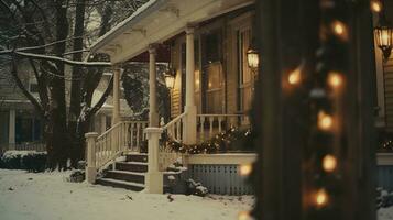 generativ ai, Haus Vorderseite im das Winter mit Weihnachten Dekoration, Kranz und Girlande. Schnee gemütlich Jahreszeit foto