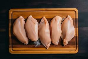 frisch Fleisch, Hähnchen Brüste Lügen auf ein Küche Tafel und ein schwarz Hintergrund. ai generiert foto