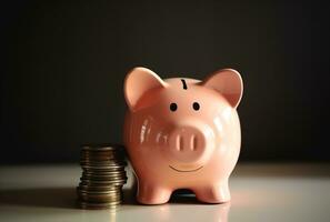 Porzellan Schweinchen Bank Stehen auf verstreut Münzen. das Konzept von Speichern Geld und hoch Preise im Shops. ai generiert foto
