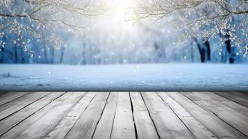 Winter Landschaft Hintergrund mit ein hölzern Deck. ai generiert foto