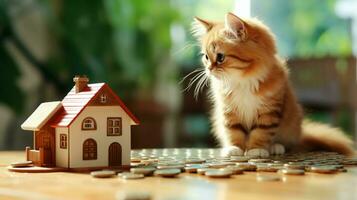 echt Nachlass Investition. Mini Haus und Münzen symbolisieren Clever finanziell Entscheidungen foto