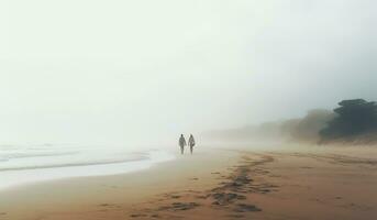 nebelig Landschaft mit Silhouetten von Menschen Gehen entlang das Strand. ai generiert foto