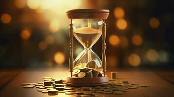 Zeit ist Geld. Sanduhr und Münzen symbolisieren das Wert von jeder Moment im Geschäft foto