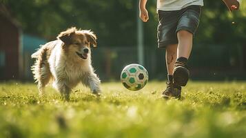 Nahansicht Beine Kind männlich freunde spielen Fußball mit ein Hund im das Hinterhof. foto