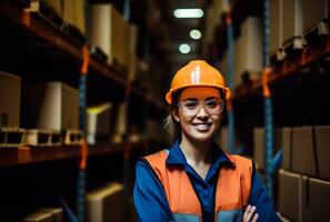 ein schön Frau im ein schützend Helm und Uniform Arbeiten im ein Warenhaus im ein Herstellung Fabrik wie ein Warenhaus Arbeiter. Stehen mit ihr Waffen gekreuzt. ai generiert foto