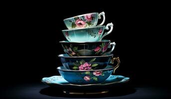 Stapel von farbig Porzellan Tassen zum Tee oder Kaffee. ai generativ foto
