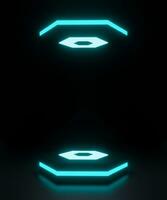 Cyberpunk Sci-Fi Produkt Podium Vitrine im leeren Zimmer mit Blau Licht und dunkel Hintergrund. Technologie und Unterhaltung Objekt Konzept. 3d Illustration Rendern foto