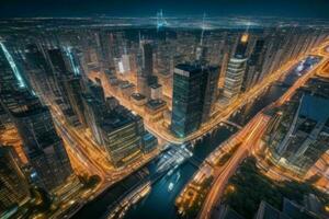 Antenne Aussicht von ein Stadtbild beim Nacht Hintergrund. ai generativ Profi Foto