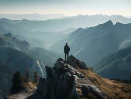 ein szenisch Berg Landschaft mit ein Wanderer Stehen auf ein felsig Gipfel generativ ai foto