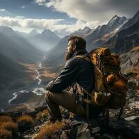 ein Backpacker nehmen ein brechen und genießen das Aussicht von ein Bergspitze generativ ai foto