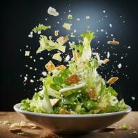 fliegend Salat durch das Luft mit Käse und Grüner Salat Essen Fotografie generativ ai foto