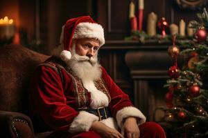 traurig Santa claus Sitzung auf das Hintergrund von ein Weihnachten Baum generativ ai foto