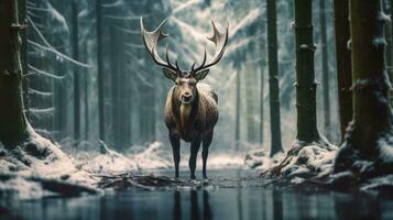 Elch im das Schnee Wald ai generiert foto