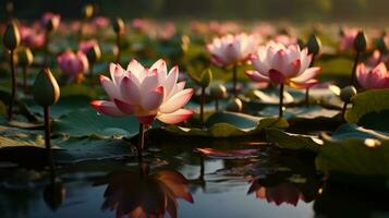 Rosa Lotus blühen im das Wasser ai generiert foto