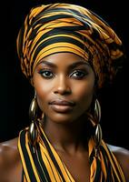 Porträt von sehr schön Frau mit traditionell afrikanisch Turban auf ihr Kopf. ai generiert foto