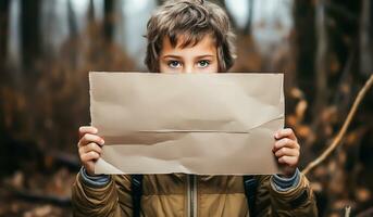 Kind, mit seine Gesicht bedeckt, hält ein Blatt von Papier. kostenlos Raum zum Text. generiert ai foto