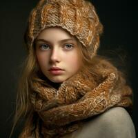 Mädchen gekleidet herzlich im ein Wolle Hut und Schal. Winter Zeit. ai generiert foto