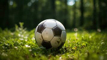 Fußball Ball auf Grün Gras ai generiert foto