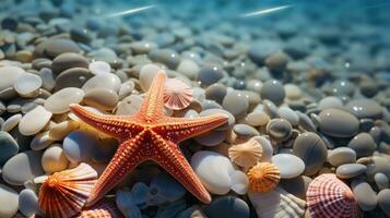 Sommer- Muscheln und Seestern Hintergrund ai generiert foto