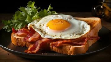 Speck und gebraten Ei auf ein getoastet Brot ai generiert foto