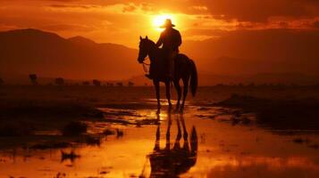 ein Mann Fahrten ein Pferd im Sonnenuntergang ai generiert foto