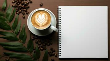 leer Weiß Notizbuch und Tasse von Kaffee ai generiert foto