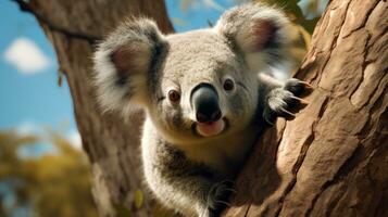 Koala Bär Klettern ein Baum ai generiert foto