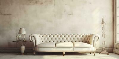 Jahrgang Leben Zimmer Innere haben Sofa mit Grün Mauer Hintergrund durch generativ ai foto