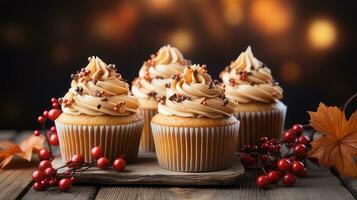 Herbst Cupcake Hintergrund auf Holz durch generativ ai foto