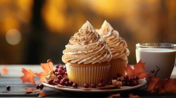 Herbst Cupcake Hintergrund auf Holz durch generativ ai foto