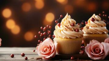 Herbst Cupcake Hintergrund auf Holz durch generativ ai foto