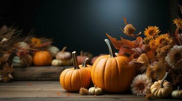 Herbst Kürbis Anordnung auf ein Holz Hintergrund durch generativ ai foto