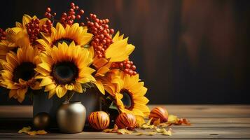 Herbst Sonnenblume Anordnung auf ein Holz Hintergrund durch generativ ai foto