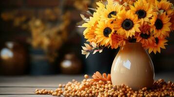 Herbst Sonnenblume Anordnung auf ein Holz Hintergrund durch generativ ai foto