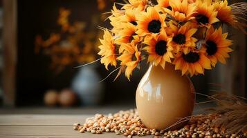 Herbst Sonnenblume Anordnung auf ein Holz Hintergrund durch generativ ai foto