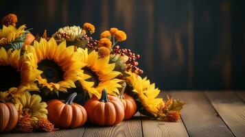 Herbst Sonnenblume Anordnung auf ein Holz Hintergrund durch generativ ai foto