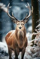 Hirsch auf Schnee Natur Hintergrund, ai generiert foto