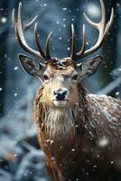 Hirsch auf Schnee Natur Hintergrund, ai generiert foto