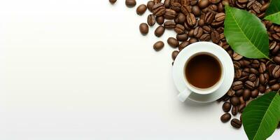 oben Aussicht Glas Kaffee mit Kaffee Bohnen isoliert Weiß Hintergrund, International Kaffee Tag Konzept, ai generiert foto